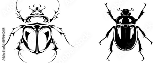 A symmetrical scarab beetle with a bold solid black shape and perfect crisp contours on a pure white background, rendered in minimalist flat vector art with flawless sharp edges for auto tracing