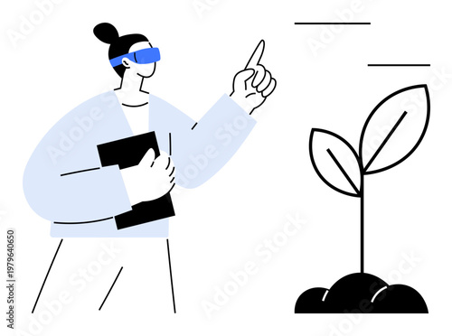 Environmental sustainability, future technology, data-driven agriculture, innovation, plant sciences, virtual interaction. Person with tech glasses analyzing a sprouting plant. Sustainability