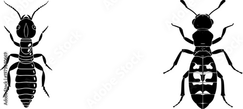 A symmetrical termite queen with a massive abdomen, bold solid black shape, perfect crisp contours, set against a pure white background in minimalist flat vector art, showcasing flawless sharp edges