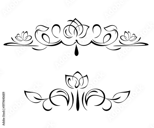 two separate symmetrical ornaments with stylized flowers, leaves and vignettes; graphic decor