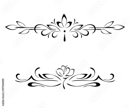 two separate symmetrical ornaments with stylized flowers, leaves and vignettes; graphic decor
