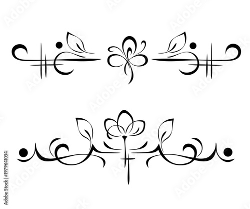 two separate symmetrical ornaments with stylized flowers, leaves and vignettes; graphic decor