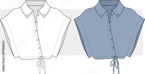 Women's drop shoulder sleeveless cropped shirt with drawstring adjustable hem fashion flat sketch, technical drawing, illustration. Stylish shirt design vector. Cad, Mockup.