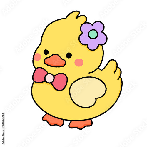 Cute Yellow Duck Kawaii Clipart Set – Hand Drawn Cartoon Duck with Flowers and Accessories