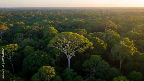 Breathtaking aerial view shows a dense tropical rainforest canopy, a magnificent emergent tree standing out, bathed in soft golden light at either sunrise or sunset.