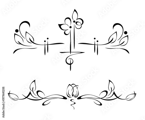 two separate symmetrical ornaments with stylized flowers, leaves and vignettes; graphic decor