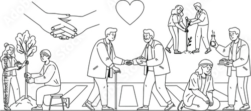 Community gathering with heartfelt connections and nature in a cheerful outdoor setting