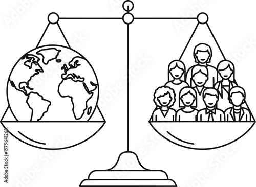 Balance scale depicting global population distribution and resource allocation challenges