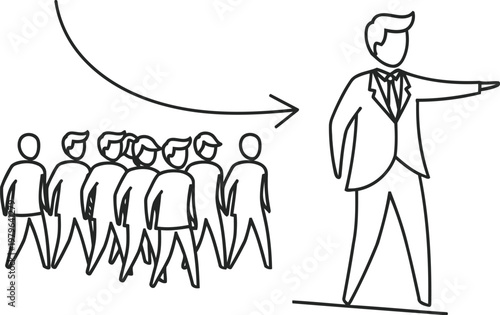 A leader directing a group of followers in a unified direction