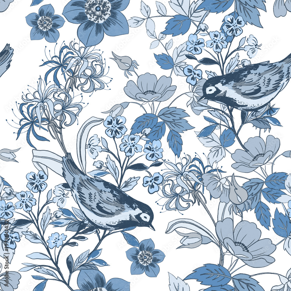 Fototapeta premium Romantic blue chinoiserie countryside floral birds pattern watercolor seamless design