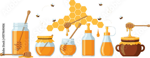 Isometric Honey Jars, Honeycomb, Honey Dippers, and Bees for Natural Honey and Sweet Food Illustrations