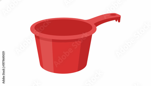 A red plastic dipper or ladle with a handle, perfect for scooping liquids in the kitchen or for cleaning purposes