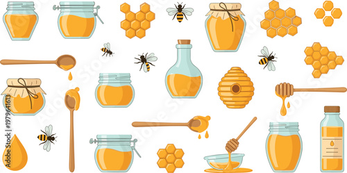 Isometric Honey Jars, Honeycomb, Honey Dippers, Bees, and Honey Drops for Natural Honey Product Illustrations