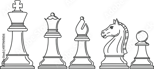 Chess pieces arranged in a row with varying designs and colors