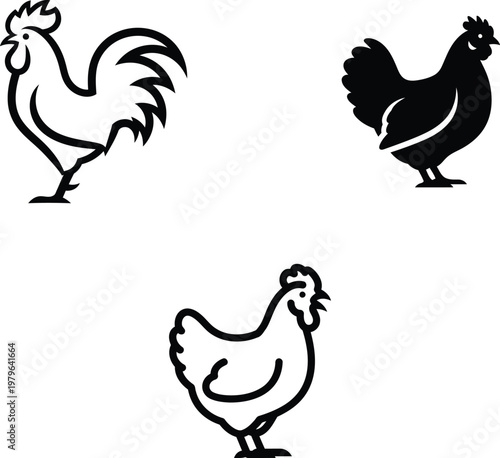 black and white chicken and rooster silhouettes on transparent background