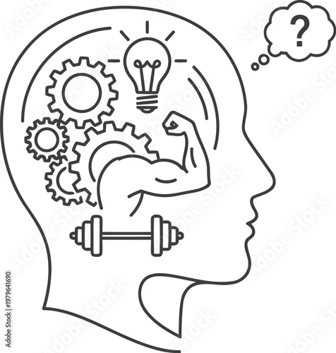 Illustration of human brain with gears and lightbulb symbols representing creativity and thought processes