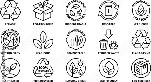 Eco friendly packaging icons black line vector, recycle biodegradable reusable symbols, sustainability outline set, isolated on white background, green branding design