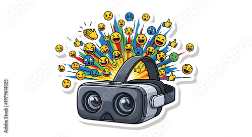 Virtual reality headset with colorful emojis and explosion