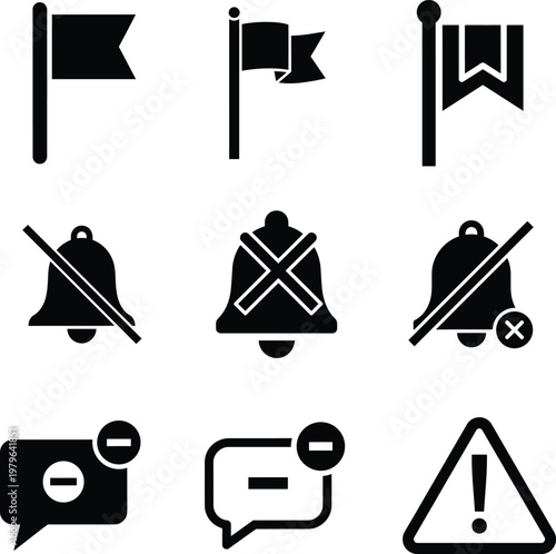 black and white icons of flags bells and warning signs