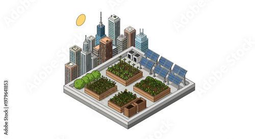 Urban rooftop garden with solar panels and cityscape