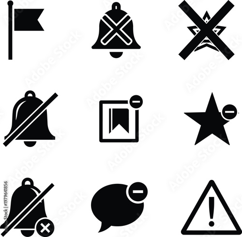 black and white icons of symbols and signs used for communication and notification