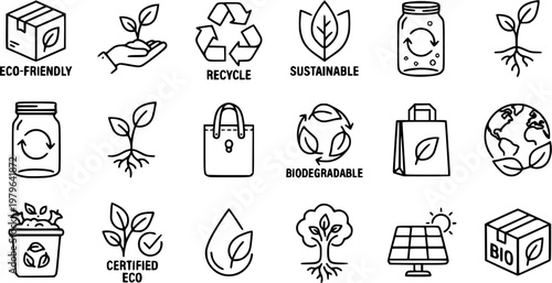 Eco friendly packaging icons black line vector, recycle biodegradable reusable symbols, sustainability outline set, isolated on white background, green branding design