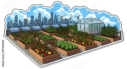 Urban Rooftop Garden with City Skyline and Greenhouse