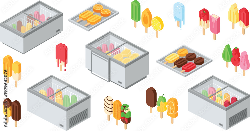 Fototapeta premium Isometric Ice Cream Freezers with Colorful Popsicles, Ice Lollies, and Frozen Desserts for Retail Display Illustrations