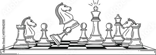A vintage chess set featuring pieces in a dynamic battle formation on a narrow board