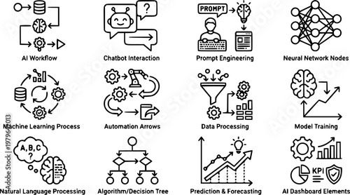 AI workflow black line icons set, chatbot, neural network, automation, machine learning outline vector, tech UI symbols, isolated on white background, editable stroke