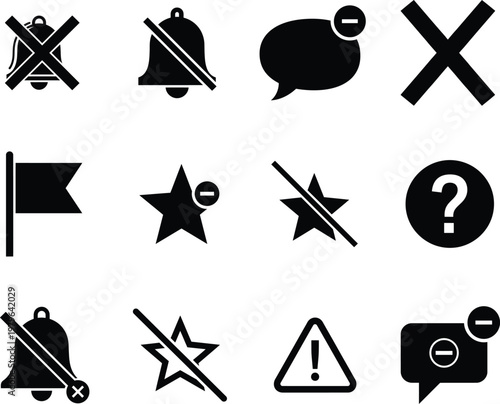 black icons of various symbols and signs on white background