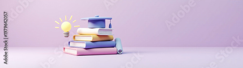 3D Isometric Education Concept with Books, Graduation Cap and Glowing Idea Lightbulb on Lavender Background, Copy Space