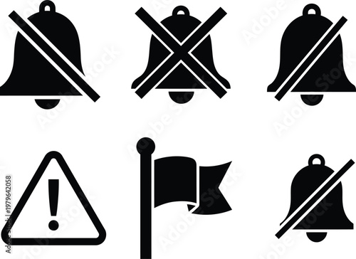 black and white icons of warning signs and bells on white background