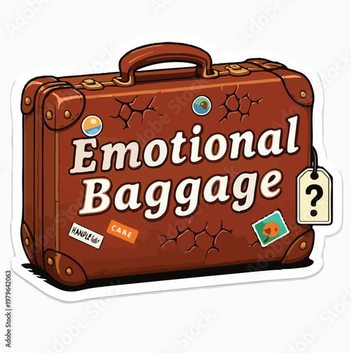 A distressed vintage brown suitcase prominently displays the phrase 'emotional baggage' symbolizing personal burdens and mental health challenges.