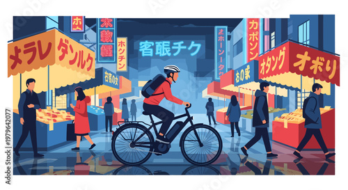 Cyclist navigating through a vibrant city street at night