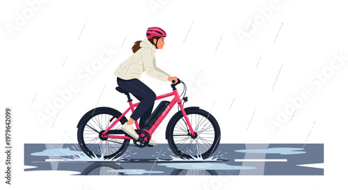 Woman riding bicycle on rainy day wearing pink helmet and jacket
