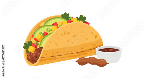 Tacos with sauce and salsa, mexican food illustration