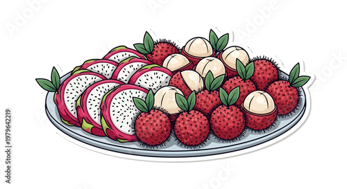 Fresh dragon fruit and rambutan on a plate