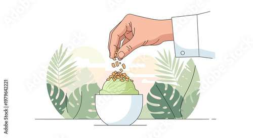 Hand sprinkling topping on green smoothie bowl with tropical leaves