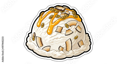 Delicious ice cream scoop with caramel sauce and nuts