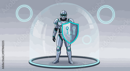 Futuristic guardian secures vital data with advanced shielding technology against cyber threats