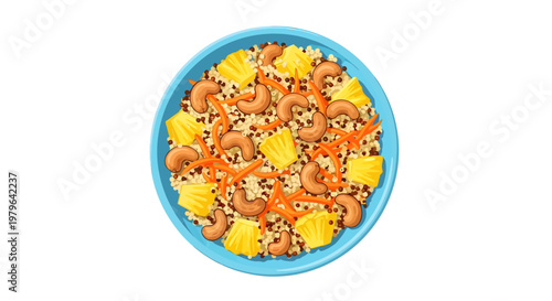 Colorful mix of nuts and dried fruits in blue bowl