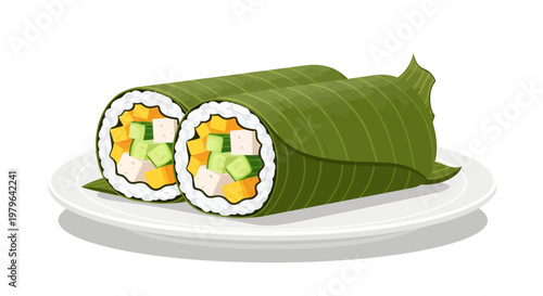 delicious sushi roll wrapped in green leaf on plate