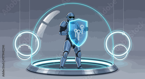Futuristic guardian safeguarding digital keys within a protected glowing energy shield