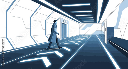 Futuristic hallway depiction with a solitary figure navigating a modern architectural space