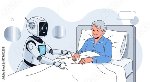 Futuristic healthcare: a caring robot tending to an elderly patient in a modern room