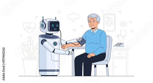 Futuristic health: Robot administering health checkup to senior man in a medical environment