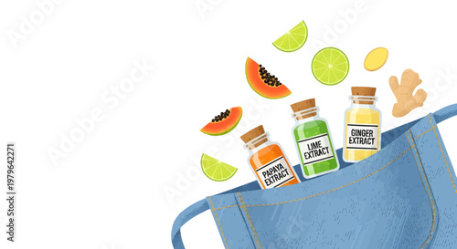 Fresh juice bottles in denim pocket with fruits