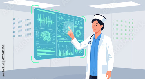 Futuristic healthcare neuroscientist interface analyzing human brain activity diagnostics panel