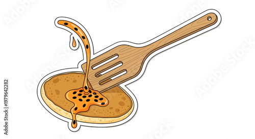 Syrup pouring on pancake with wooden fork cartoon